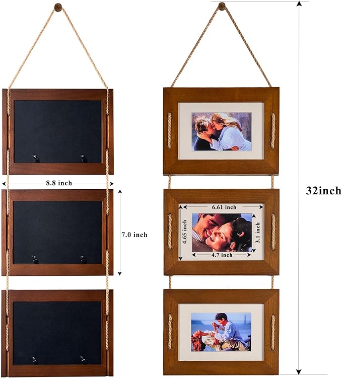 DLQuarts 5x7 Hanging Picture Frames Collage Wall Decor, 3 Opening 5x7 Matted to 3.5x5 Photo Rustic Wood Frame, Dark Walnut, 2 Pack