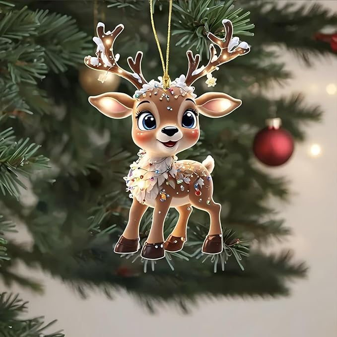 2 PCS Cute Elk Acrylic Christmas Hanging Ornaments - Transparent Flat Pendant with Hanging Ropes for Christmas Tree, Car Rearview Mirror, Home Indoor Outdoor Party Decor
