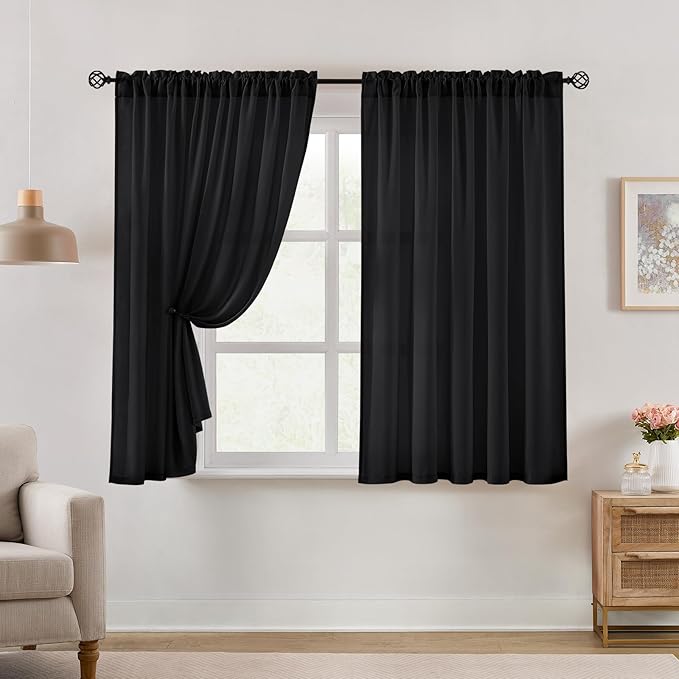 HOMEIDEAS Halloween Non-See-Through Black Privacy Semi Sheer Curtains 45 Inches Long 2 Panels Set Light Filtering Curtains for Living Room Bedroom Drapes,W52xL45