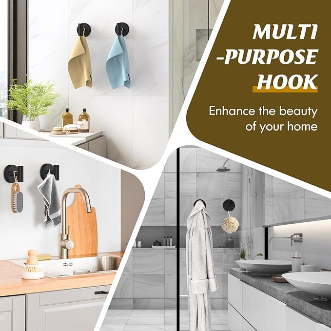 Suction Cup Hooks for Shower,Heavy Duty Shower Towel Suction Hooks,No Drill Wall Mounted Towel Hooks for Bathrooms Wall,Kitchen,Glass,Mirror,Tile to Hang Towels,Robes,Coat-Black(4 Pack)