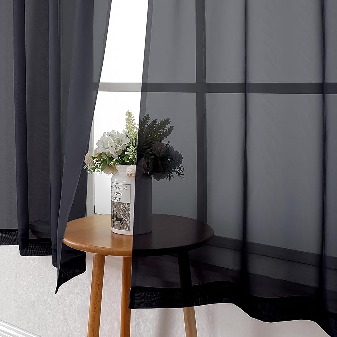 Lecloud Black Sheer Curtains 90 Inches Long 2 Panels Set, Privacy Voile Light Filtering Drapes, Airy Solid Window Curtains with Rod Pocket for Living Room Bedroom Basement, Each Panel 42" W x 90" L