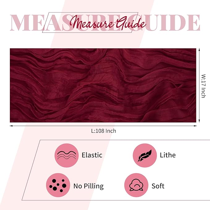 15 Pack Burgundy Cheesecloth Table Runner 17 x 108 Inch Fall Thanksgiving Boho Rustic Farmhouse Gauze Cheese Cloth Runner for Wedding Party Baby Shower Home Decor Holiday Decorations