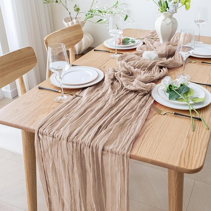 2PCS Table Runner Cheesecloth 10FT Nude Pink Boho Gauze Cheese Cloth Rustic Sheer Table Runners for Wedding Birthday Bridal Baby Shower Party Decoration