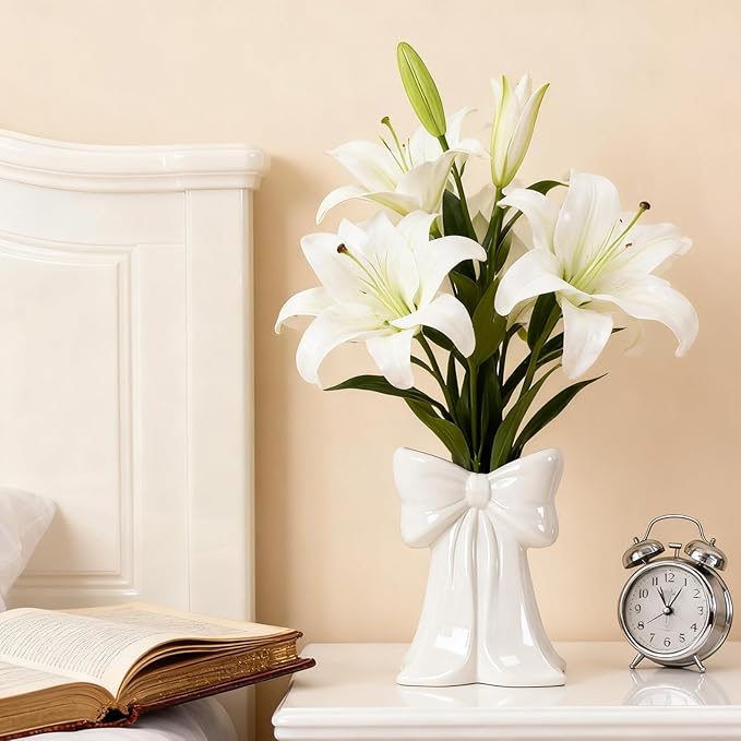 White Bow Vase Ceramic Vase Cute Decorative Vase Minimalist Farmhouse Tulip Flower Modern Home Decor for Table Bathroom Shelf Centerpieces