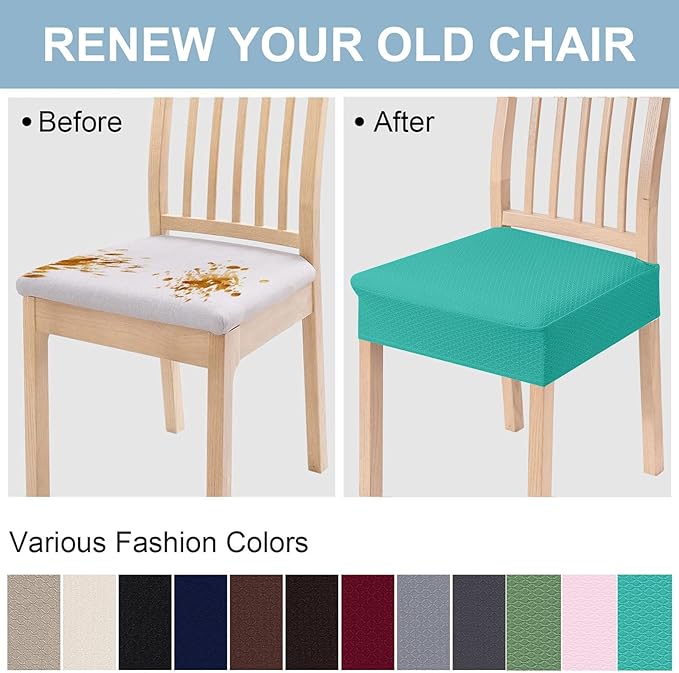 Smiry Stretch Jacquard Seat Covers for Dining Room Chairs Set of 6, Removable Washable Chair Seat Protector Slipcovers, No Rear Covers, Teal