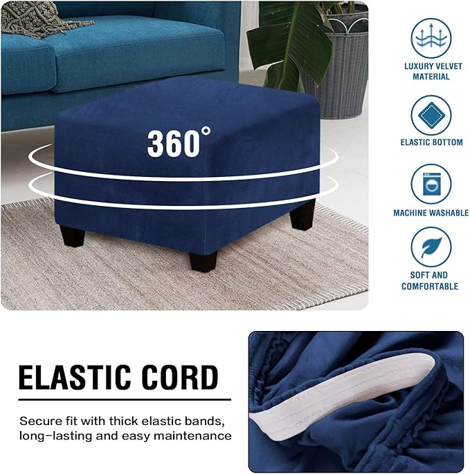 H.VERSAILTEX Square Ottoman Covers Ottoman Slipcover Square Footstool Protector Covers Storage Stool Ottoman Covers Stretch with Elastic Bottom, Feature Real Velvet Plush Fabric, Navy