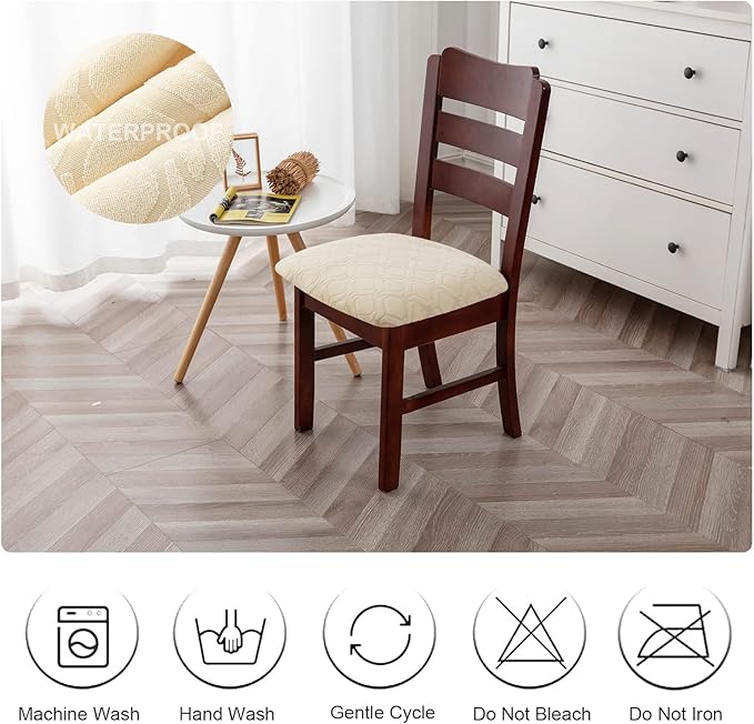 Genina Waterproof Seat Covers for Dining Room Chairs, Stretch Chair Covers Removable Washable Dinning Room Kitchen Chair Seat Cushion Slipcovers (Jacquard-Beige, 2 PCS)