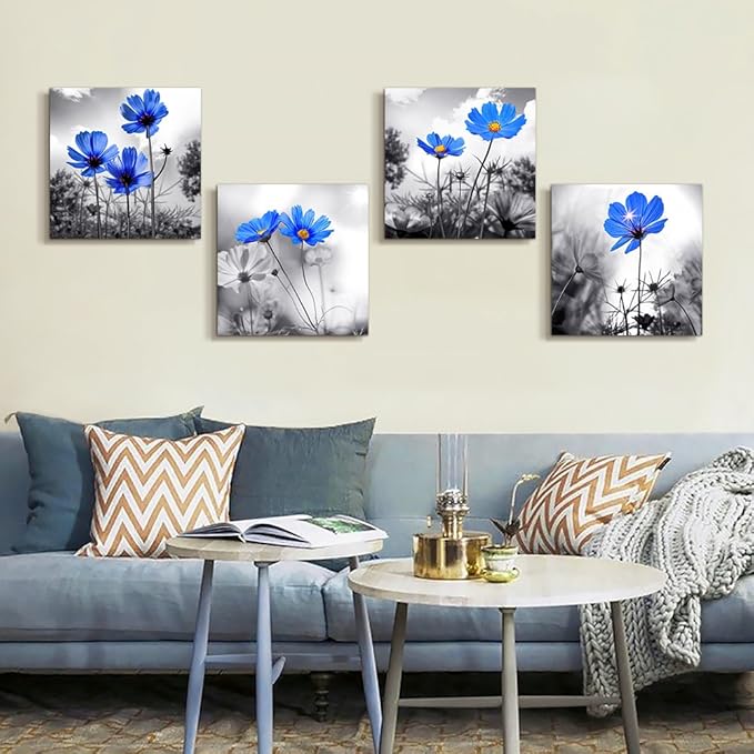 Canvas wall art for kitchen Simple Life Black and white landscape cyan blue flowers wall Decor for bedroom Artwork 12" x 12" 4 Pieces Framed Canvas Prints Ready to Hang or living room Home Decoration