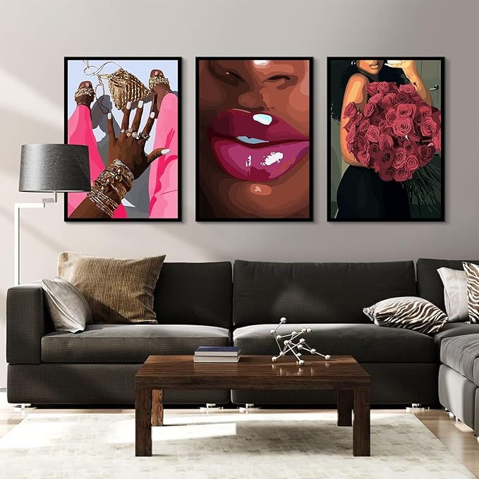 Black Girl Wall Art African Woman Canvas Wall Decor Pink Black Women People Art Fashion Poster African American Girl Pictures Abstract Flower Painting for Bedroom Living Room 12x16x3 Inch Unframed