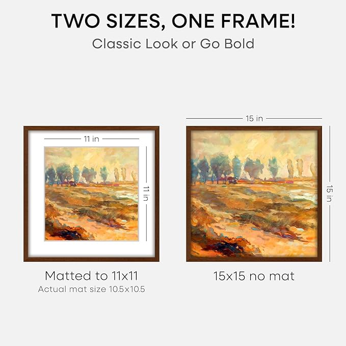 Homeforia 15x15 Picture Frame Brown, High End Dark Oak 15 x 15 Square Wood Frame with Mat 11 x 11 for Photo, 15by15 Wooden Walnut Poster Frame Matted to 11x11 Print, Tempered Glass, Wall Kit, Set of 1