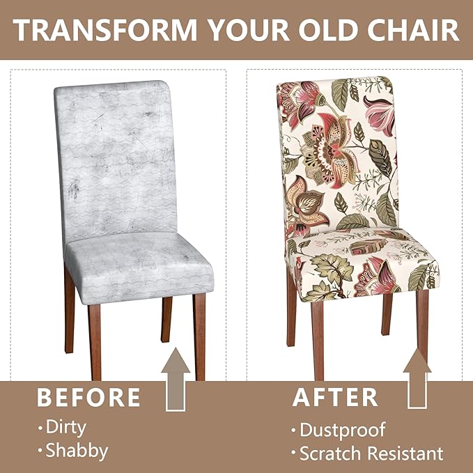 Stretch Dining Chair Covers Set of 6,Floral Print Chair Covers,Soft Removable Washable,Pet Friendly Furniture Protector,Universal Chair Slipcovers for Home, Kitchen,Ceremony Dining Room Seat