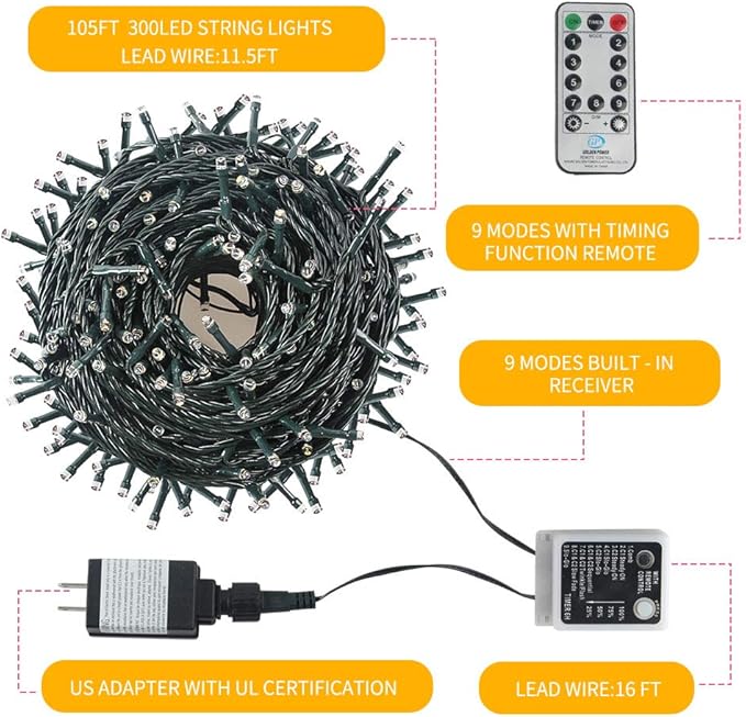 Chuya 300LED Dual Color Changing Christmas Tree Lights,Warm White to Multi Color,End-to-End Plug 9 Modes,105ft Outdoor Indoor String Lights for Christmas Holidays Party Wedding Decoration