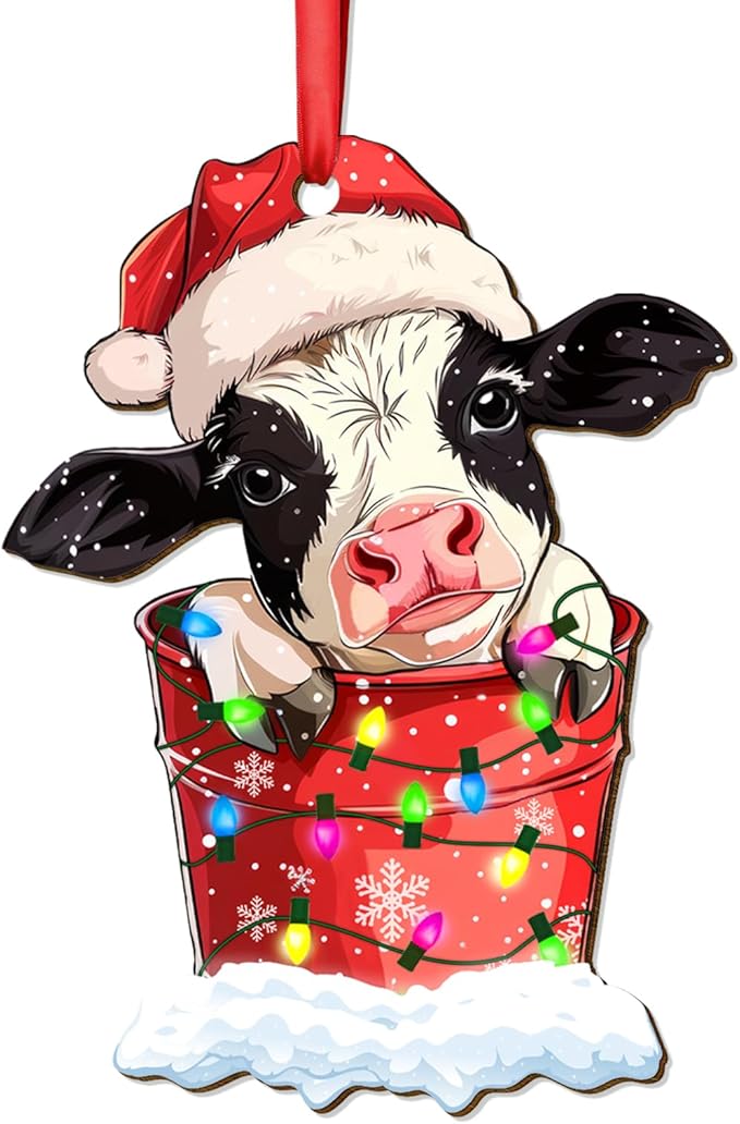 34HD Cow Christmas Ornament 2025 – Wooden Hanging Xmas Tree Ornament Decoration, Cute Christmas Keepsake Gift and Home Decor for Cow Lovers and Farm Fans, Dairy Cow in Bucket