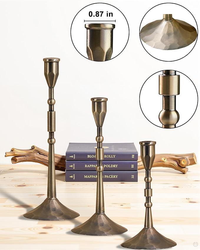 Vintage Taper Candle Holders Set | Handmade 3-Piece Candlestick Decor for Table Centerpiece, Farmhouse Kitchen & Party Lighting (Bronze)