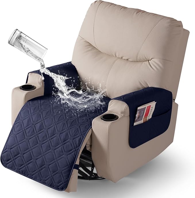 VANSOFY Recliner Chair Covers 100% Waterproof Seat Cover with Arm Reclining Cover Non-Slip Recliner Chair Covers Furniture Protector Washable Slipcover with Pocket for Pets, Dogs(Dark Blue, 22")