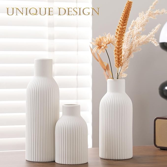 Ceramic Vase Set of 3 - Handcrafted Ceramic Vases for Home Decor & Shelf - Modern Farmhouse Decor for Kitchen, Office, Bedroom & Living Room Decorative Objects for Mantel, Table Centerpieces