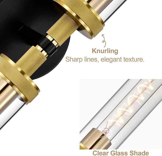 LaLuLa Bathroom Vanity Light,Knurled Texture Linear Black and Gold Wall Sconces,Clear Glass Tube Vanity Lighting Fixtures,Modern Hardwired Wall Mounted Light,Indoor Wall Lights for Bedroom,Hallway