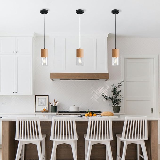 2-Pack Modern Pendant Lights for Kitchen Island, Adjustable Pendant Light Fixtures with Raw Wood Grain, Industrial Clear Glass Pendant Lights for Dining Table Hallway Bedroom Living Room