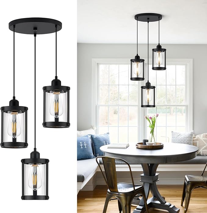 3-Light Pendant Lighting, Black Dining Room Chandelier Light Fixture Over Table with Clear Glass, Modern Cluster Hanging Lights for Kitchen Island Sink, OS-3014-3BK