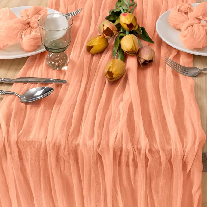 MLMC Peach Pink Cheesecloth Valentines Table Runner 10ft Sheer Gauze Coral Cheese Cloth Table Runner Spring Dinning Decoration 35x120 Inches for Easter Wedding Bridal Baby Shower Party Decor