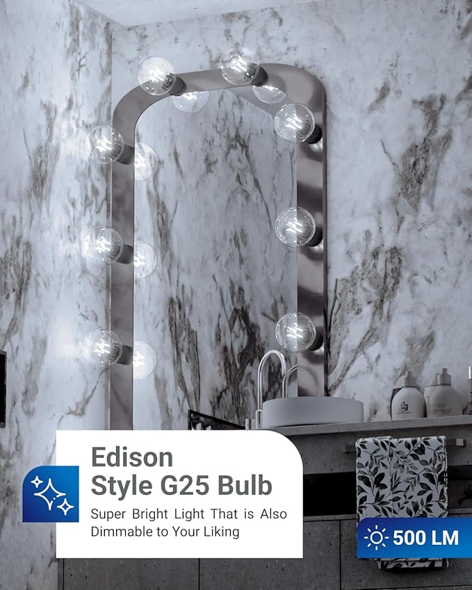 Sunco 6 Pack G25 LED Light Bulbs, Filament Edison Globe, Vanity Lighting Bulb for Bathroom Bedroom, 500 LM, 5W (60W Equivalent), 5000K Daylight, Dimmable, E26 Base, Clear UL