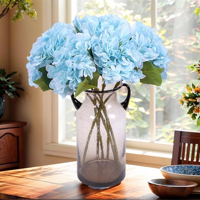 Kimura's Cabin 6pcs Blue Artificial Silk Flowers Fake Hydrangeas Flower with Stems Faux Hydrangea Bouquets for Home Wedding Party Table Core Decoration (Blue, Pack of 6)