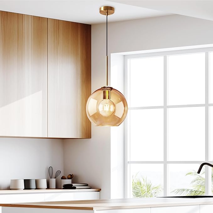 Amber Glass Pendant Lights Kitchen Island Lighting Globe Pendant Light Fixtures Modern Pendant Lighting for Kitchen Island Bedroom Living Dining Room Light Fixture(7.9in, 3-Pack)