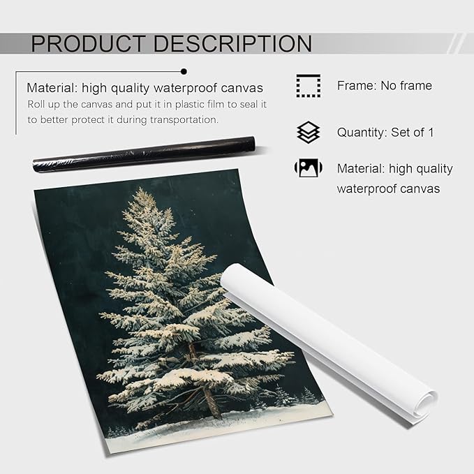 Snowy Christmas Tree Wall Art,Vintage Winter White Fir Tree Painting,Winter Christmas Wall Art,Snowy Pine Tree Decor,Dark Academia Botanical Print,Christmas Vintage Vertical Print24x36inch Unframed