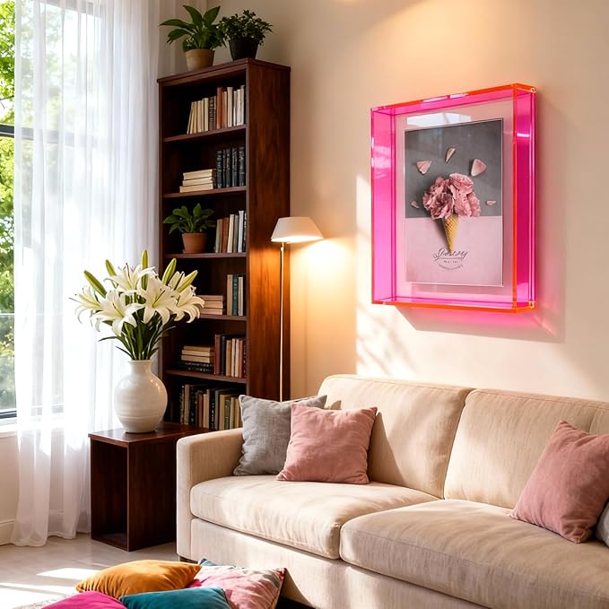 5x7 Acrylic Picture Frame Neon Floating Photo Frame for Wall Mount and Tabletop Decorative in Gallery Home Office, Neon Pink