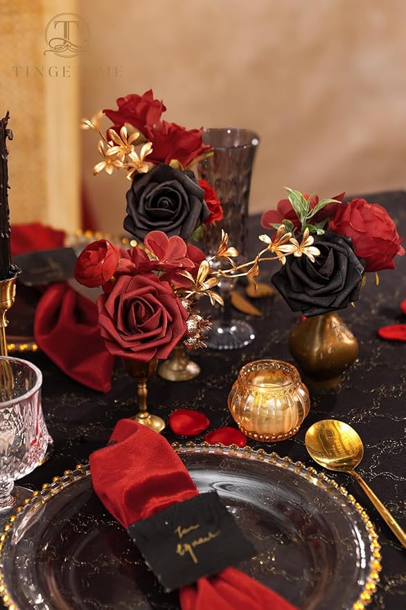 TINGE TIME Rose Artificial Flowers Combo, Fake Foam Roses with Stems for DIY Autumn Wedding Bridal Shower Decorations Party Table Centerpieces Fake Floral Arrangement Home Decor(Gothic Black and Red)