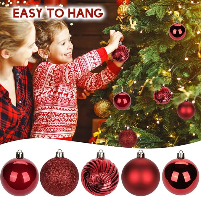 2.36" Red Christmas Balls Ornaments 25 Pcs Shatterproof Christmas Ornaments Set Small Red Ornament for Xmas Tree Halloween Holiday Party