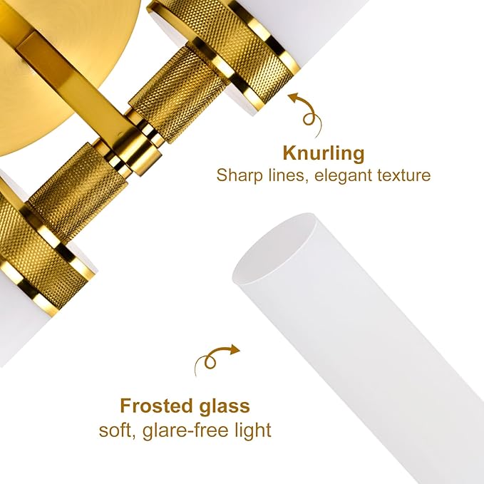 LaLuLa Gold Bathroom Vanity Light Fixtures – 2-Light Hardwired Wall Sconces with Frosted Glass Shades and Textured Metal Frame, Modern Vanity Lighting for Mirror, Bedroom, or Hallway, 25”