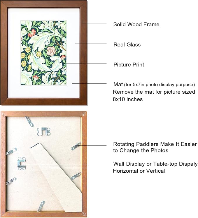 8x10 Picture Frame Set of 4 Made of Solid Wood Photo Frame with Real Glass for Pictures 5x7 with Mat or 8x10 Without Mat, Wall Gallery or Tabletop display Picture Frames, Brown