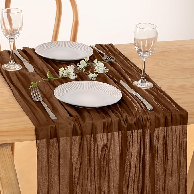 MLMC 3 Pack Brown Table Runner 10ft Boho Rustic Gauze Coffee Cheesecloth Table Runner Neutral Cheese Cloth Table Decor 35x120 Inches for Wedding Bridal Shower Reception Party Decor