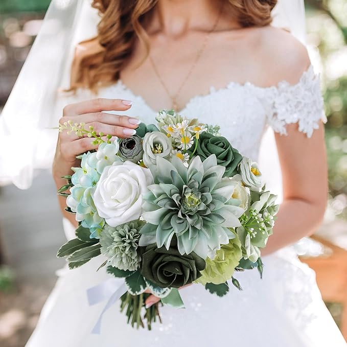 AmyHomie Forest Sage Green White Artificial Flowers Combo Silk Rose Fake Flowers w/Stem for DIY Wedding Bouquets Centerpieces Arrangements Table Decor Party Bridal Baby Shower Christmas Decorations