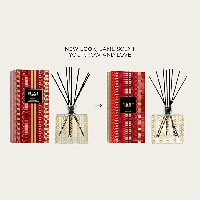 NEST New York Christmas Reed Diffuser, Holiday - 5.9 fl oz - Fragrance for Up to 90 Days - Reusable, Refillable Glass Holder - Includes 8 All-Natural Reed Sticks - Flame Free