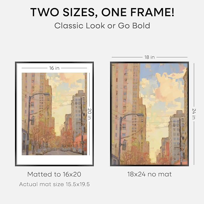 Homeforia 18x24 Poster Frame Black, High End Metal 18 x 24 Picture Frames with Mat 16 by 20 inch Photo, 18x24 Black Frame Matted to 16x20 Print, 24x18 Hanging Frame, Tempered Glass, Wall Kit, Set of 4