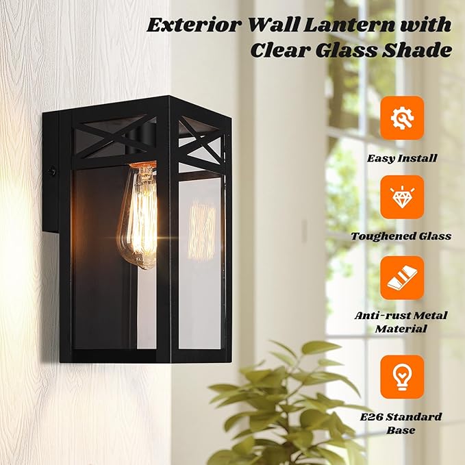 Outdoor Wall Light Fixtures, Exterior Waterproof Lanterns, Black Porch Lights with Glass Shade, Sconces Wall Mount Lighting with E26 Socket, Anti-Rust Wall Lamps for Patio Front Door Entryway, 2-Pack