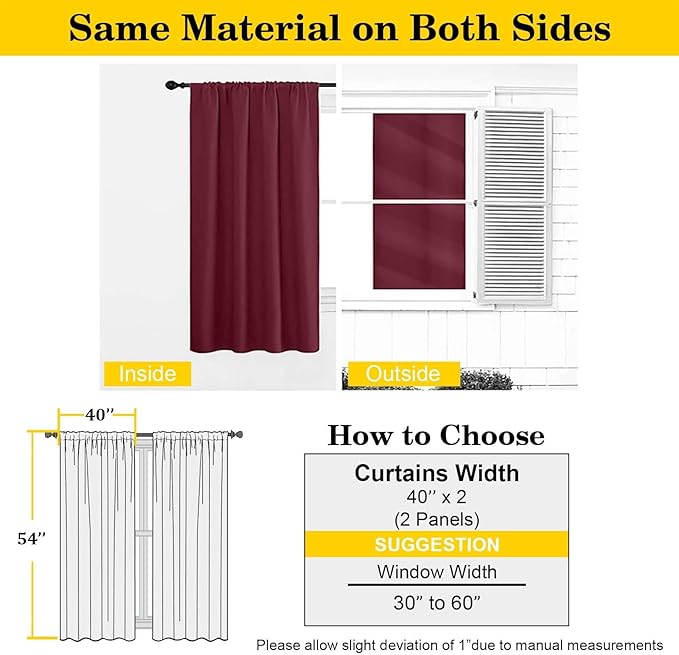 Burgundy Blackout Curtains for Bedroom Living Room 54 Inch Length 2 Panels Set, Soft Solid Thermal Insulated Room Darkening Curtains Drapes, Modern Rod Pocket Design, 2PCS Each 40" Wx54 L
