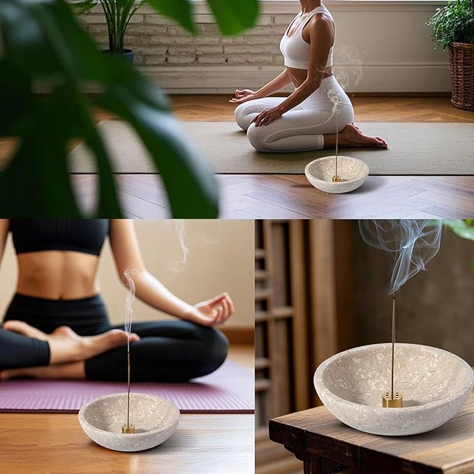 Koville Natural Marble Incense Holder, Incense Holder for Sticks with 9 Holes, Handmade Incense Burner Ash Catcher for Meditation Yoga SPA, Balsam Fir/Palo Santo/Sage/Cone (D=150-RoyalBeige)