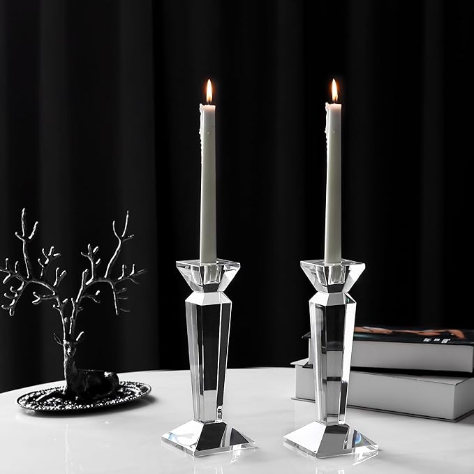 Kitcom Crystal Candle Stick Holders for Home Decor 2-Pack, Clear Crystal Taper Candles Holder Table Centerpieces for Party and Wedding Decoration(9inch Tall)
