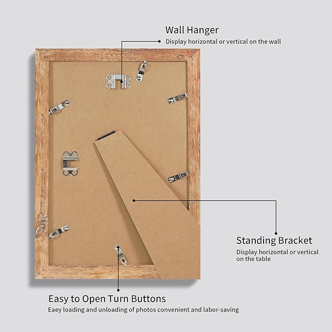 iRahmen 8x12 Picture Frame Set of 4 with High Definition Real Glass, Display 6x8 Pictures with Mat or 8 x 12 Without Mat, Rustic Brown Wood Photo Frames for Tabletop and Wall Mounting