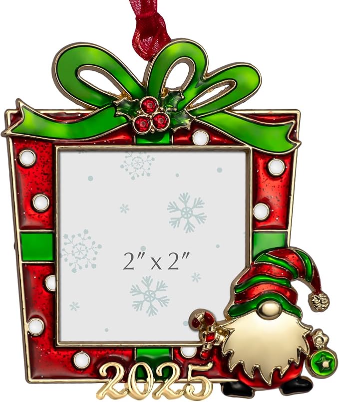 West style 2025 Christmas Tree Ornaments - Made of Zinc Alloy Glitter Powder Pendant 2x2 Inch Picture Frame Ornament for Pet and Baby Holiday Keepsake Gift (2025, Gnomes)
