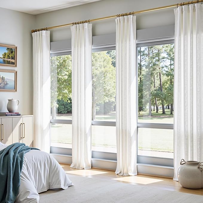 jinchan Linen Curtains 50W x 90L Inch Off White for Living Room Farmhouse Curtains Clip Rings Back Tab Rod Pocket Drapes 4-Panel Set