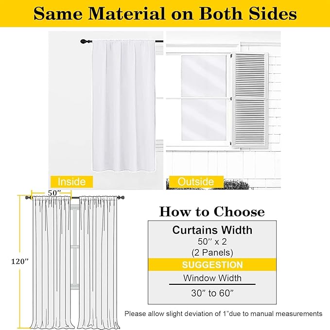 Extra Long White Curtains for Bedroom Living Room 120 Inches Long 2 Panels Set, Soft Solid Light Filtering Thermal Insulated Window Treatments, Modern Rod Pocket Curtain, 50" Wx120 L