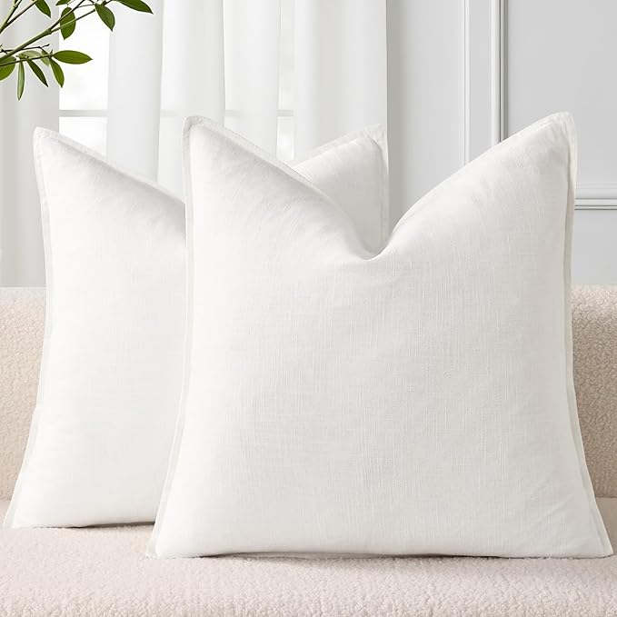 decorUhome Christmas Decorative Linen Throw Pillow Covers 24x24 Inch Set of 2 Cream White Soft Pillow Covers with Flange Edges Soft Farmhouse Boho Accent Pillow Cases for Couch Sofa Bed Living Room