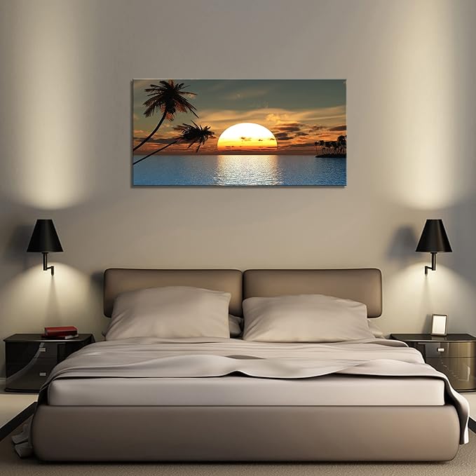 DZL Art S75675 Sunset Coconut Palm Trees Canvas Wall Art Palm Trees on the small island Tropical Scenery Nature Canvas prints Pictures for Living Room Home Office Wall Decor Artwork