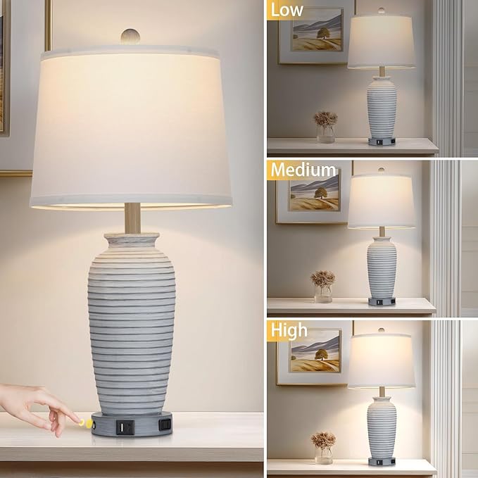 25" Vintage Farmhouse Jar Table Lamps, Single Rustic Bedside Lamp with USB A+C Ports & AC Outlet, Nightstand Lamps for Living Room, Bedroom, End Table, Grey White(LED Bulb Included)