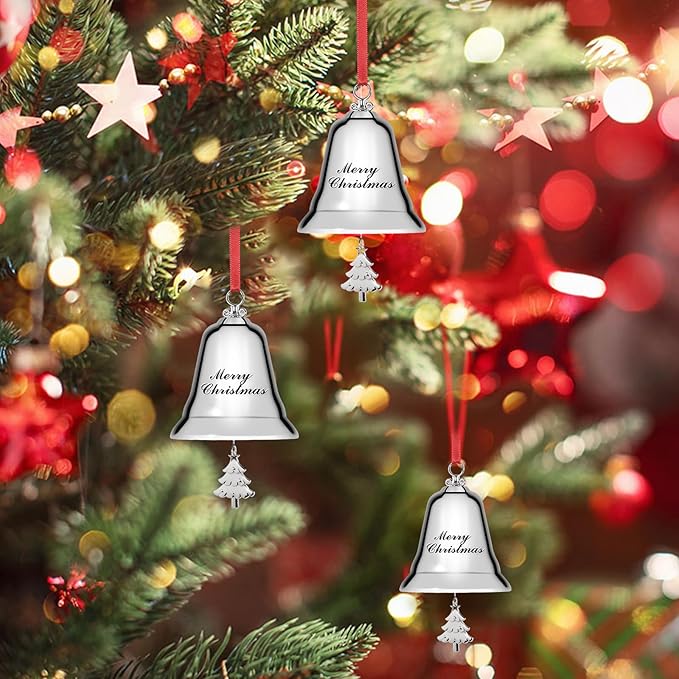 Styleonme Decorative Bells, Christmas Ornaments 2025, Engraved It's Merry Christmas, Silvery Bells Decoration with Pendants Tree