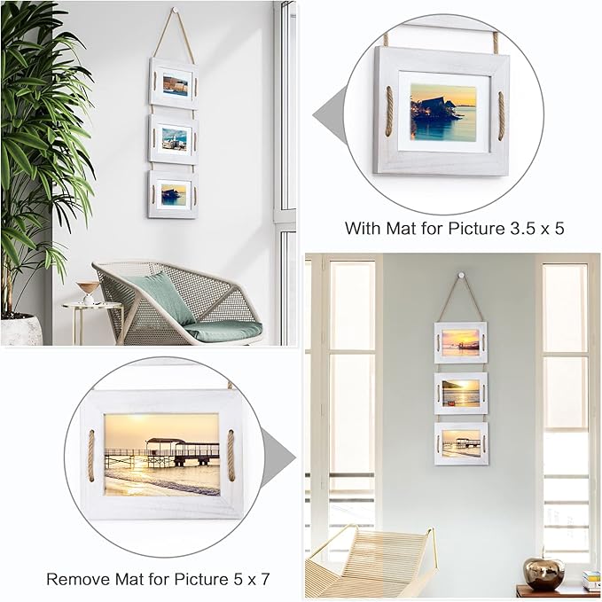 DLQuarts 5x7 Hanging Picture Frames Collage Wall Decor, 3-Frame Set, 3.5x5 with Mat or 5x7 Without Mat, Rustic Solid Wood Photo Frame Pack of 2 Vintage White